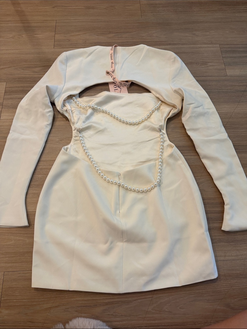 Oh Polly Cream Long Sleeve Cutout Mini Dress with Pearl Detail